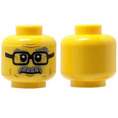 Close-up of a LEGO® minifigure head with black square glasses and a stern expression.