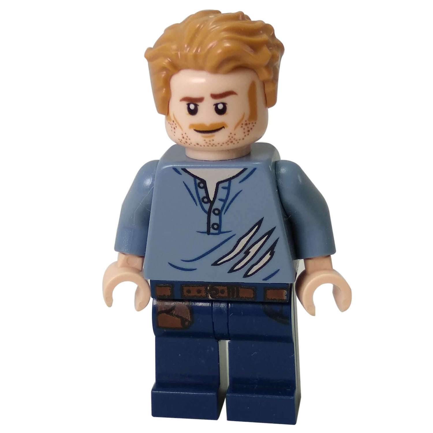 LEGO® Jurassic World Owen Grady Minifigure with Clawed Gray Jumper Torso, Rugged Adventurer Look, and Iconic Outfit.