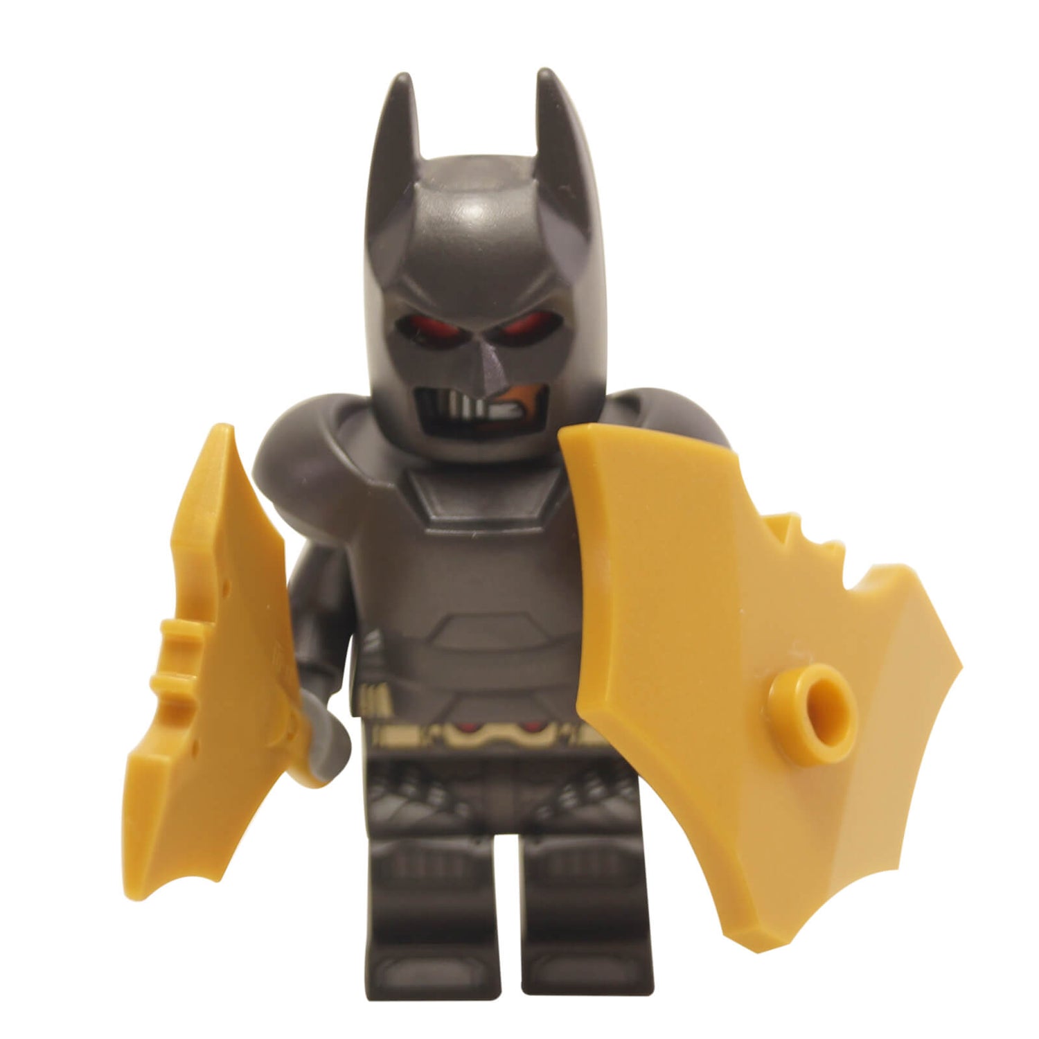 LEGO® Batman minifigure wearing strong, armored suit with intricate detailing and signature bat emblem, ready for action