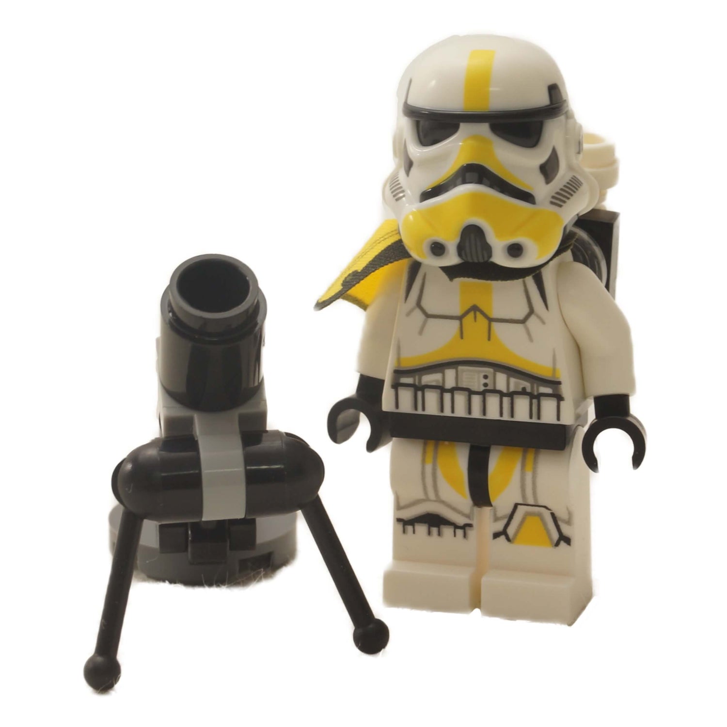 LEGO Stormtrooper with artillery, featuring detailed armor and weaponry, perfect for Star Wars-themed builds and battles