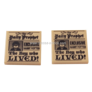 Tan Tile 2 x 2 with 'the Daily Prophet - EXCLUSIVE HARRY POTTER - The Boy who LIVED!' and Image of Boy with Glasses Pattern