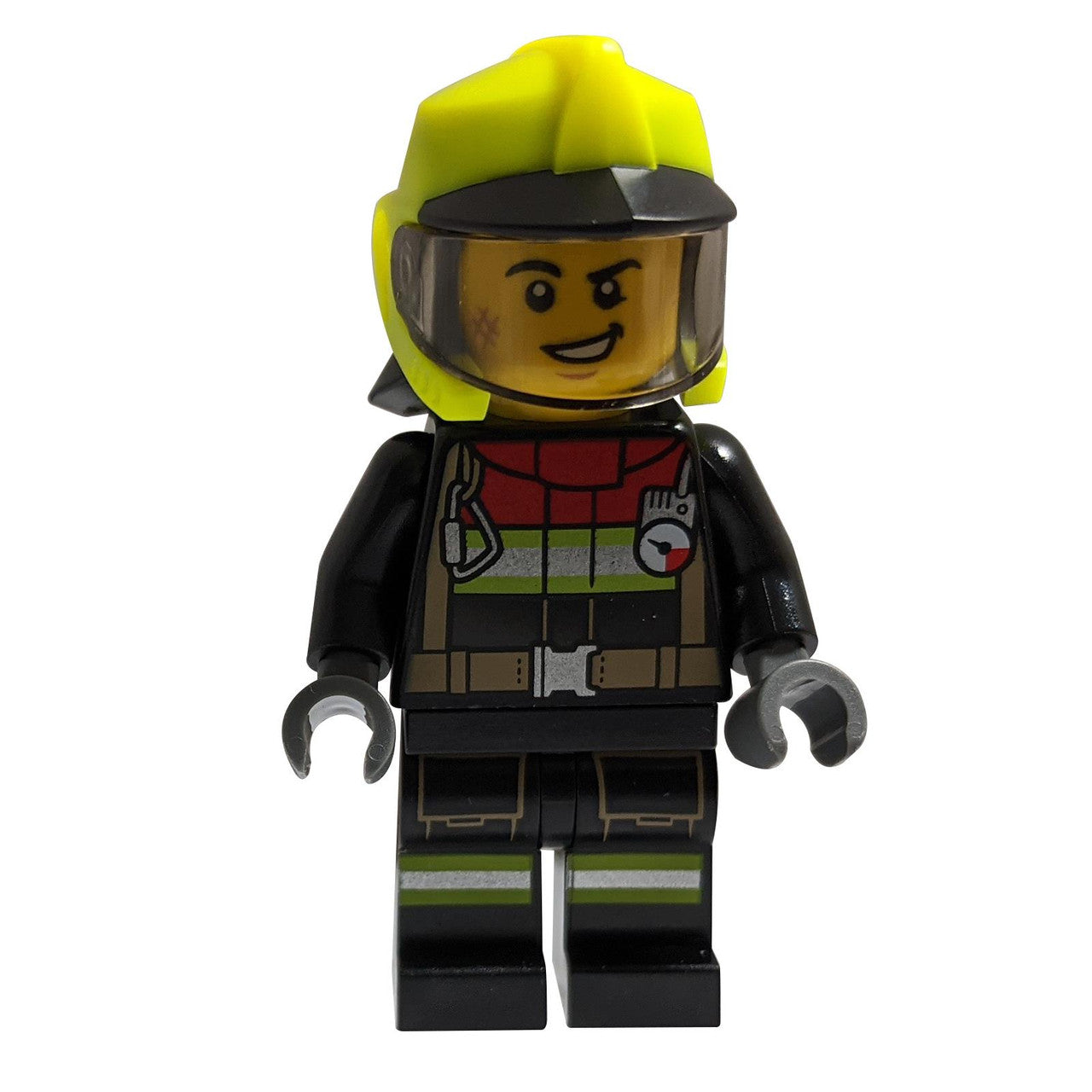 Fire - Male, Black Jacket and Legs with Reflective Stripes and Red Collar, Neon Yellow Fire Helmet, Trans-Black Visor