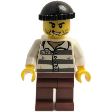 Jail Prisoner 86753 with Prison Stripes and Black Knit Cap, Beard Stubble and Lopsided Grin