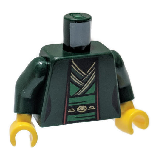 Dark Green Torso Ninjago Female Robe over Bright Green Tunic with Sash and Black and Gold Trim Pattern - Dark Green Arms - Yellow Hands