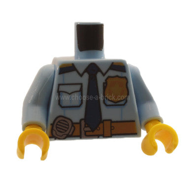 Bright Light Blue Torso Police Shirt with Gold Badge, Dark Blue Tie, Dark Tan Belt and 'POLICE' and Radio on Back Pattern - Bright Light Blue Arms - Yellow Hands