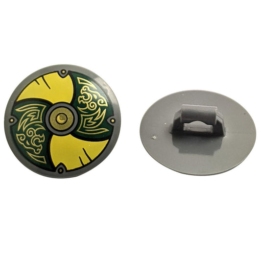 Minifigure, Shield Circular Convex Face with Yellow and Dark Green Alternating Panels with Gold Cen