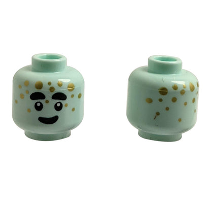 Minifigure, Head Alien Black Thick Eyebrows, Eyes, and Smile, Gold Dots Pattern - Vented Stud