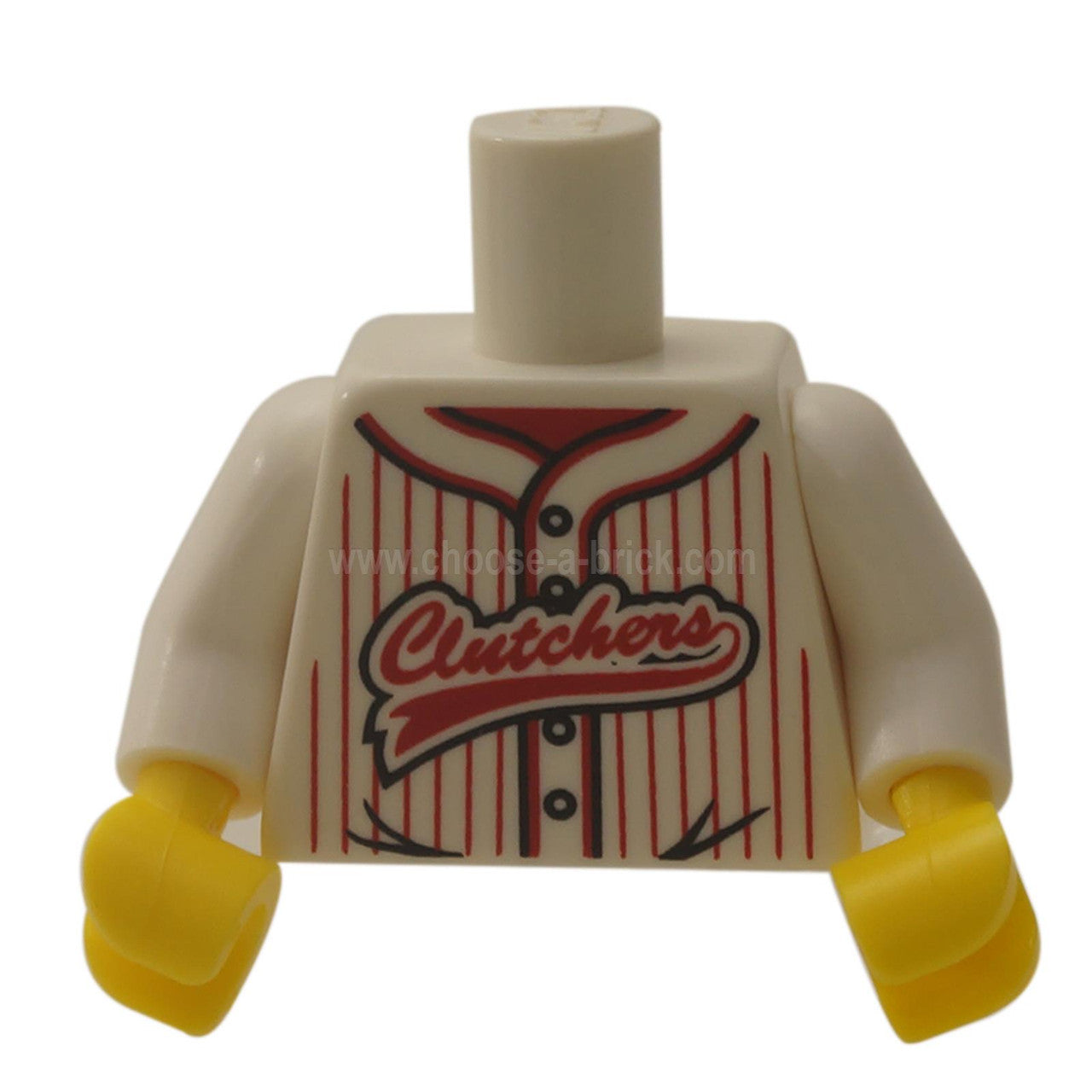 White Torso Baseball Jersey with Vertical Red Stripes, Buttons and 'Clutchers' Logo Pattern - White Arms - Yellow Hands