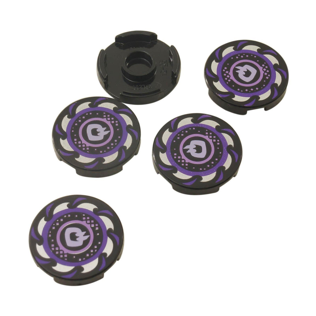 Black Tile, Round 2 x 2 with Bottom Stud Holder with Dark Purple and Silver Sawblade, Circles in Center Pattern