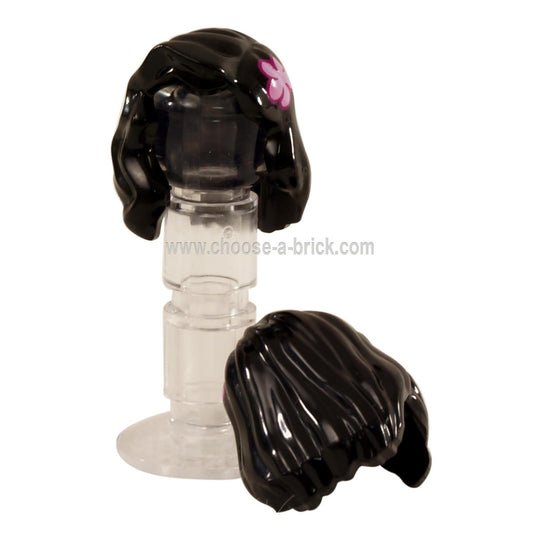 Black Minifigure, Hair Female Mid-Length with Part over Right Shoulder and Pink Flower Pattern on Left Side