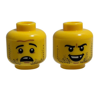 Minifigure, Head Dual Sided Beard Stubble, Missing Tooth, Open Grin / Frown Pattern - Hollow Stud