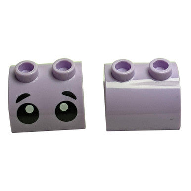 Lavender Slope, Curved 2 x 2 x 1 Double with Two Studs with Black Eyes and Eyebrows Pattern