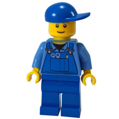 Overalls with Tools in Pocket Blue, Blue Short Bill Cap, Thin Grin