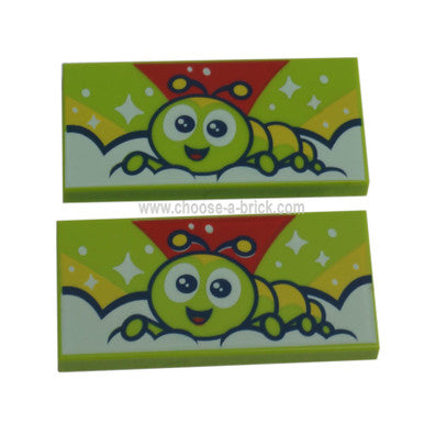 Lime Tile 2 x 4 with Caterpillar, Lime, Red and Yellow Sky and White Stars Pattern