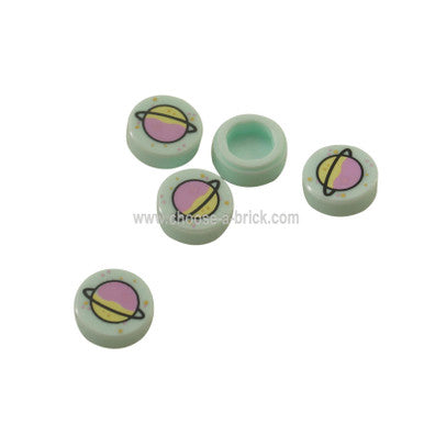 Light Aqua Tile, Round 1 x 1 with Lavender and Yellowish Green Planet with Ring and Gold and Metallic Pink Spots Pattern