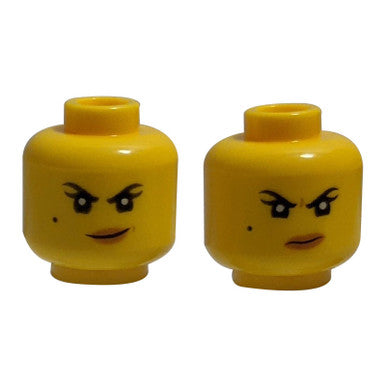 Yellow Minifigure, Head Dual Sided Female Black Eyebrows, Beauty Mark, Dark Tan Lips, Crooked Smile - Scowl Pattern Nya - Hollow Stud