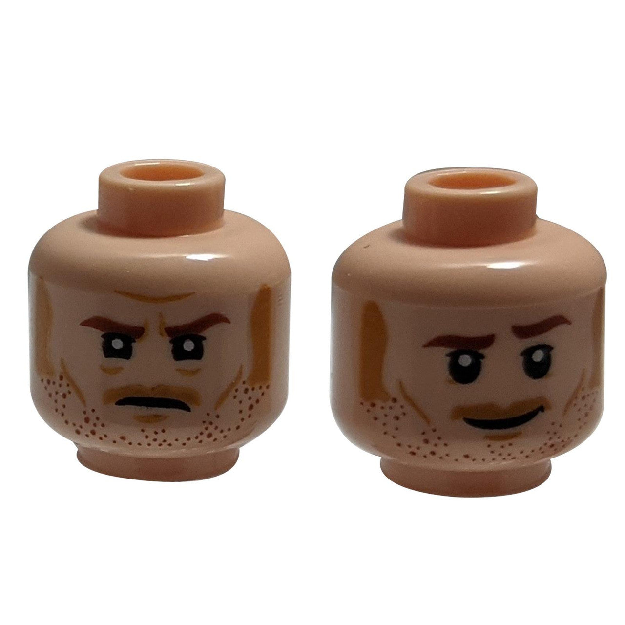 Minifigure, Head Dual Sided with  Stubble,  Sideburns, Moustache, Cheek Lines, and Chin Dimple, Grin / Determined Pattern - Hollow Stud