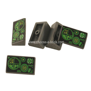 Dark Bluish Gray Slope 30 1 x 2 x 2-3 with Green Gauges and Radar Screen on Black Background Pattern