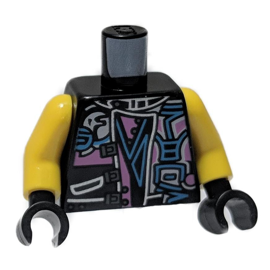 Black Torso Biker Vest with Dark Pink - Medium Azure Ninjago Characters, Sons of Garmadon Logo and Ninjago 'SOG' on Back Pattern - Yellow Arms - Black Hands