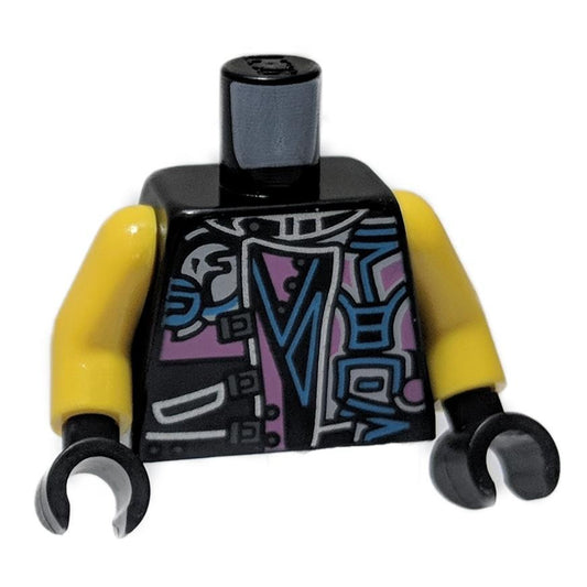 Black Torso Biker Vest with Dark Pink - Medium Azure Ninjago Characters, Sons of Garmadon Logo and Ninjago 'SOG' on Back Pattern - Yellow Arms - Black Hands