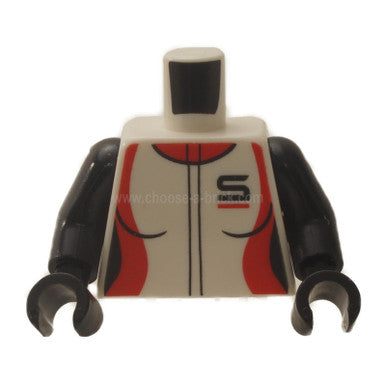 White Torso Female Jumpsuit, Red Collar and Side Panels, 'S' on Front Pocket, Red Mountains and Black 'Sport' on Back Pattern - Black Arms - Black Hands