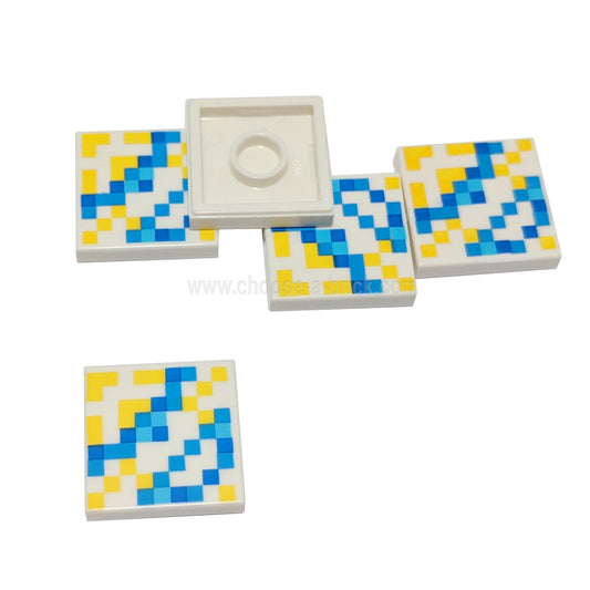 White Tile 2 x 2 with Groove with Minecraft Pixelated Yellow and Blue Pattern