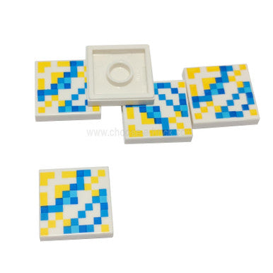 Witte tegel 2 x 2 met groef met Minecraft-gepixelpatroon in geel en blauw 