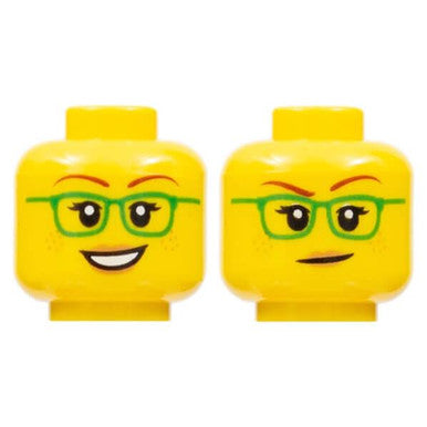 Minifigure, Head Dual Sided Female Green Glasses, Smile / Closed Mouth Pattern - Hollow Stud