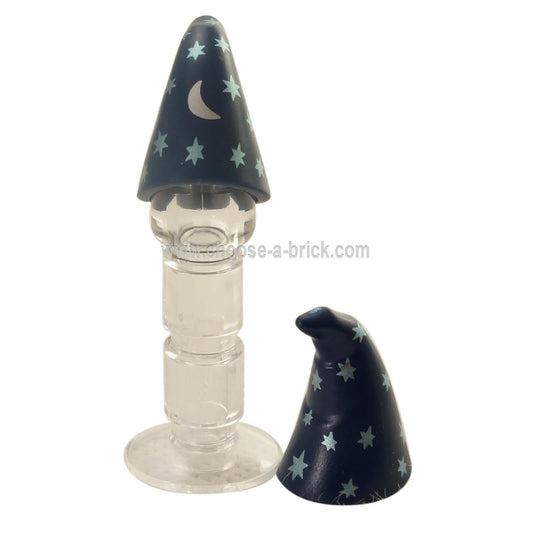 Dark Blue Minifigure, Headgear Hat, Cone Drooping, Wizard with Silver Stars and Moon Pattern