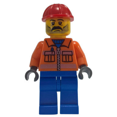 Construction Worker - Orange Zipper, Safety Stripes, Orange Arms, Blue Legs, Red Construction Helmet, Stubble