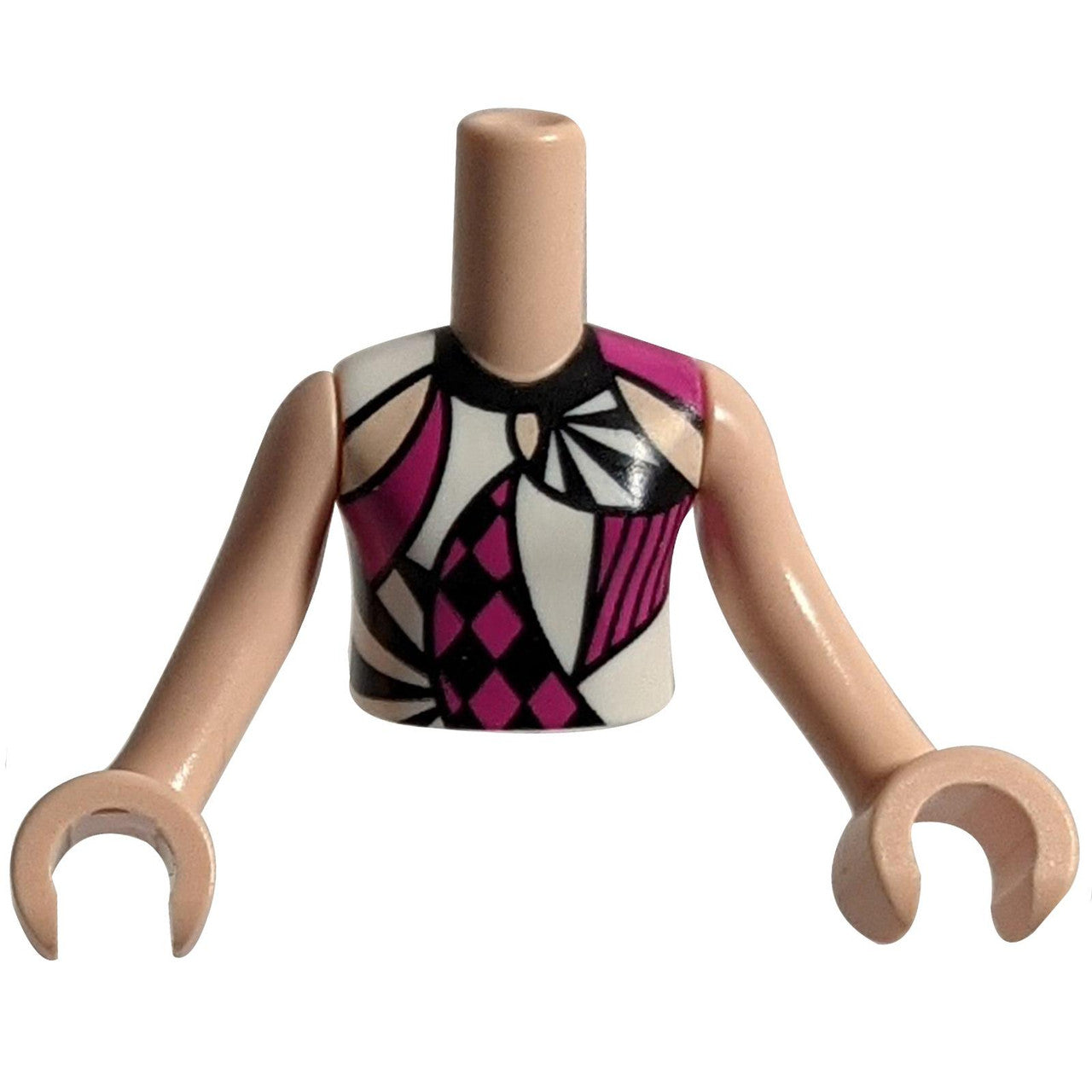 Torso Mini Doll Girl Black, Magenta and White Harlequin Shirt Pattern, Light Nougat Arms with Hands