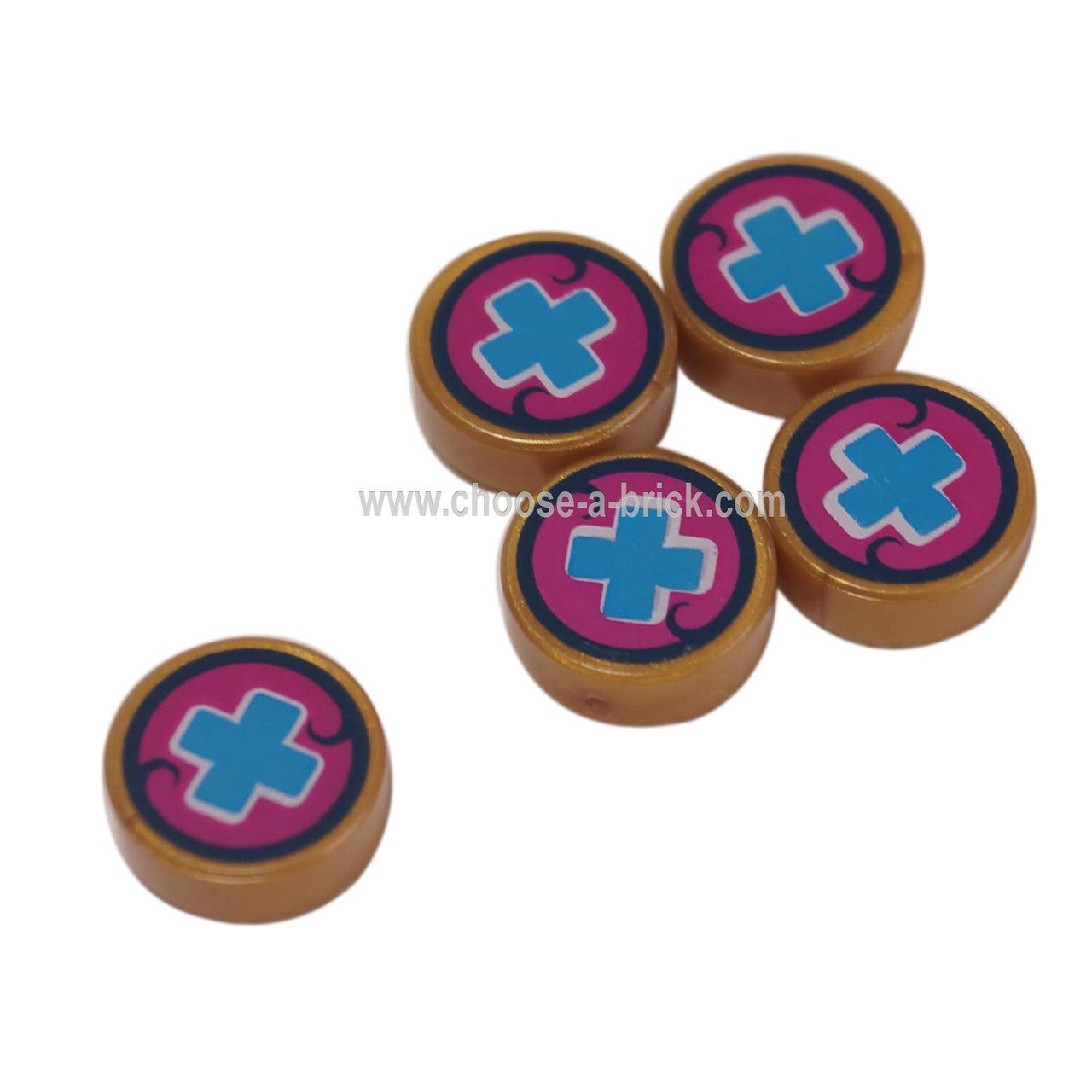 LEGO Parts - Pearl Gold Tile, Round 1 x 1 with Medium Blue Cross on Magenta Background Pattern