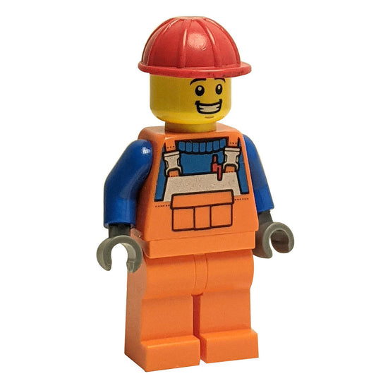 Construction Worker in Orange Overalls with Red Helmet