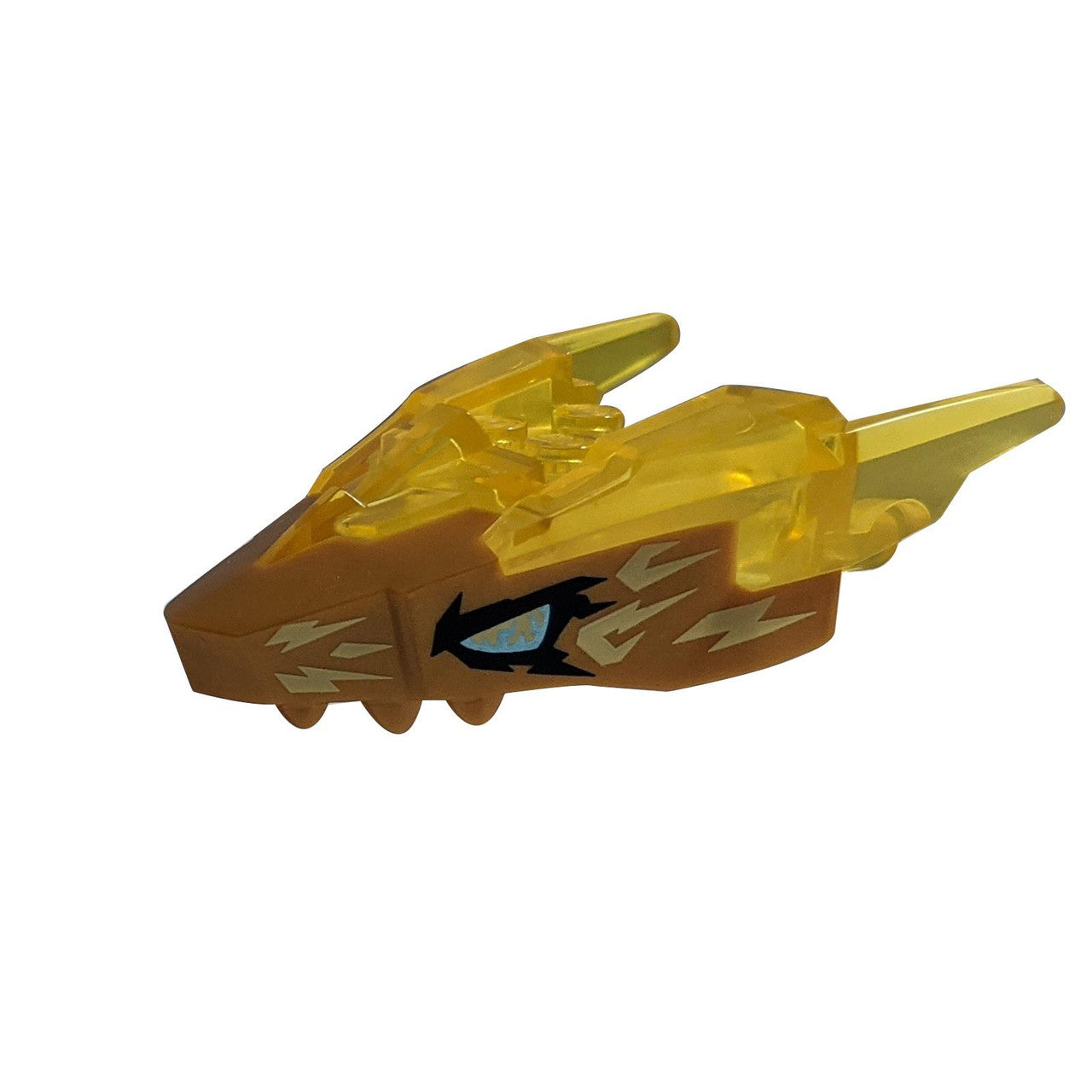 Trans-Yellow Dragon Head (Ninjago) Jaw Upper with Horns with Molded Pearl Gold Face, Metallic Blue Eyes, and Bright Light Yellow Electricity Pattern