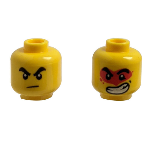 Minifigure, Head Dual Sided Black Thick Eyebrows, Frown / Large Lopsided Open Mouth Grin with Teeth