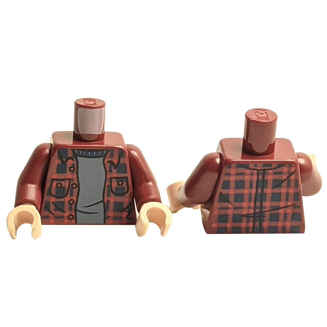 Torso Plaid Flannel Shirt Open with Pockets and Dark Blue Squares over Sand Blue Sweater Pattern / Dark Red Arms / Light Nougat Hands