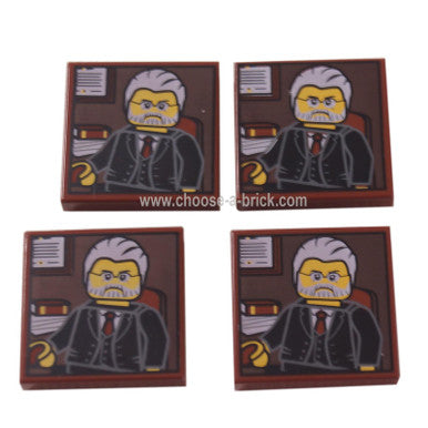 Reddish Brown Tile 2 x 2 with Portrait of Male Minifig with Gray Hair, Beard and Black Suit Pattern