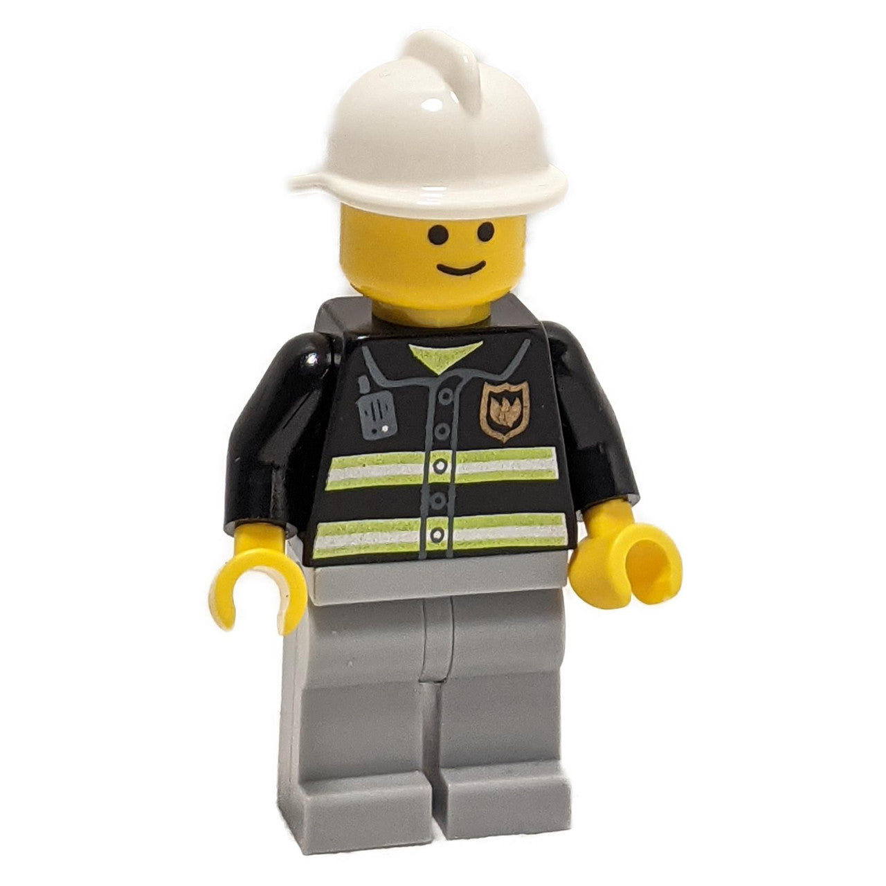 Bombero - Figura heroica con franjas reflectantes y casco blanco 