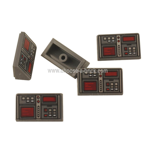 Dark Bluish Gray Slope 30 1 x 2 x 2-3 with Red and White Buttons and Two Red Screens Pattern