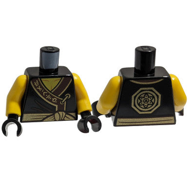 Black Torso Ninjago Robe with Asian Characters, Brown Fabric Creases, Gold Sash and Medallion Pattern - Yellow Arms - Black Hands