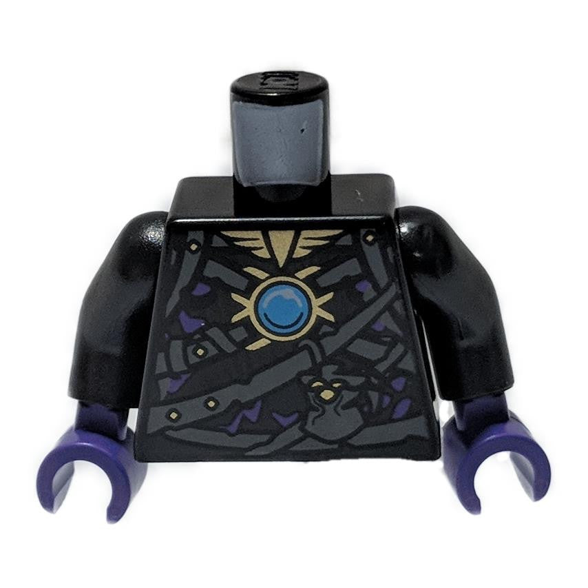 Black Torso Chima with Dark Bluish Gray Belts, Medium Lavender Highlights and Dark Azure Round Jewel Chi Pattern - Black Arms - Dark Purple Hands