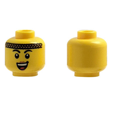 Minifigure, Head Female Black Eyebrows, Dark Tan Braided Headband, Nougat Lips, Open Mouth Smile with Top Teeth and Red Tongue Pattern