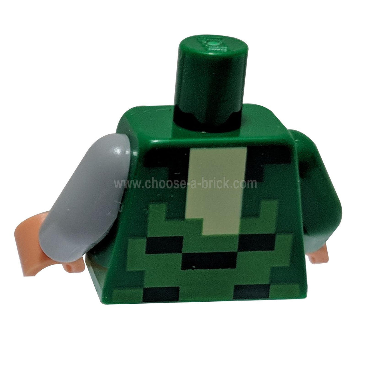 Green Torso Pixelated Nougat Neck, Bright Green, Dark Green and Yellow Shirt Pattern - Light Bluish Gray Arm Left - Green Arm Right - Nougat Hands