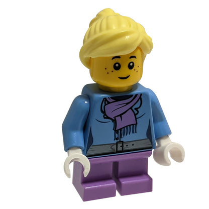 Medium Blue Jacket with Light Purple Scarf, Medium Lavender Short Legs, Bright Light Yellow Ponytail