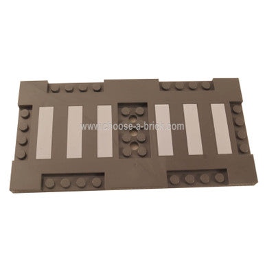 Dark Bluish Gray Brick, Modified 8 x 16 x 2-3 with 1 x 4 and 2 x 4 Indentations with 6 White Stripes Crosswalk Pattern