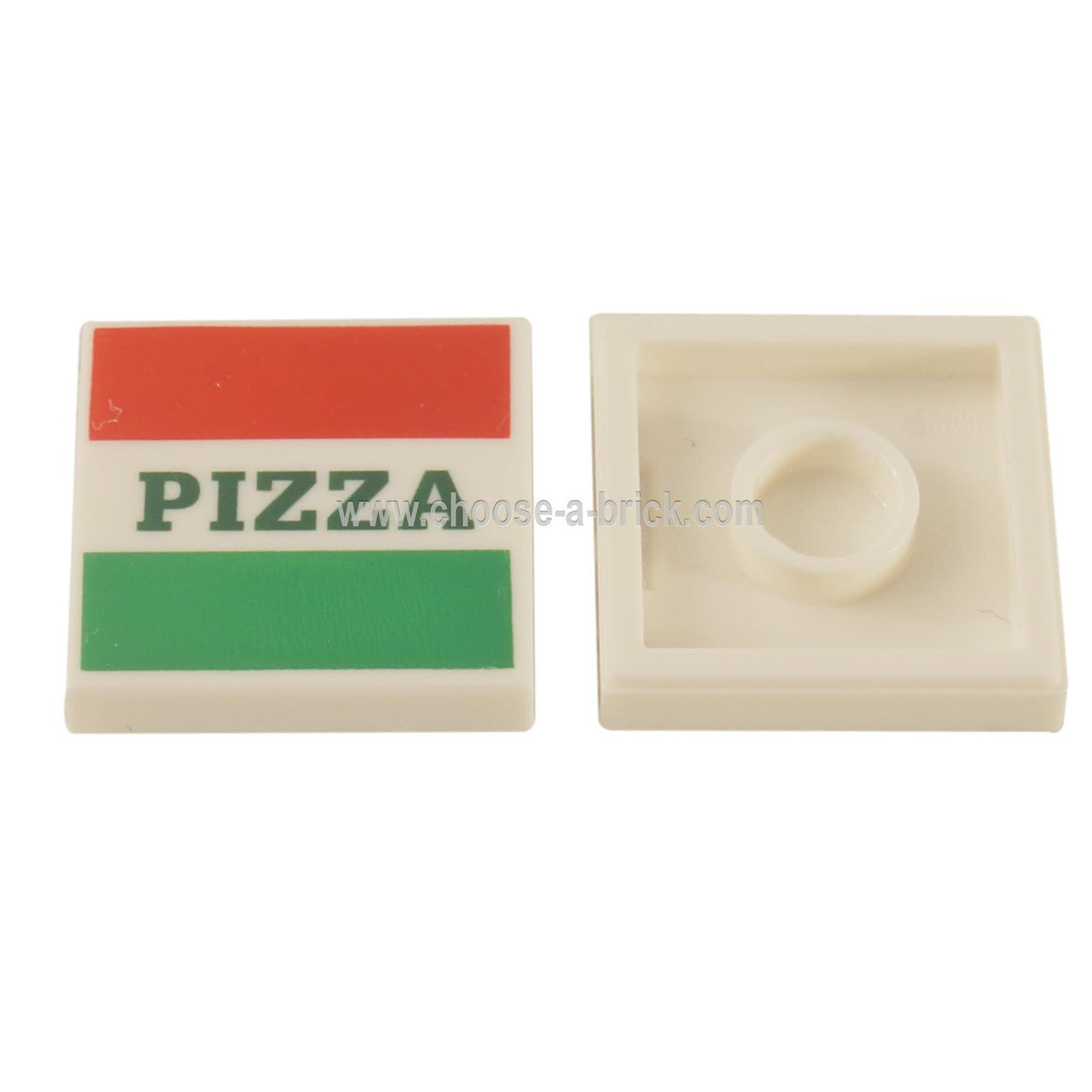 LEGO Parts - Tile 2 x 2 with Groove with Red and Green Stripes and Dark Green 'PIZZA' Pattern Pizza Box