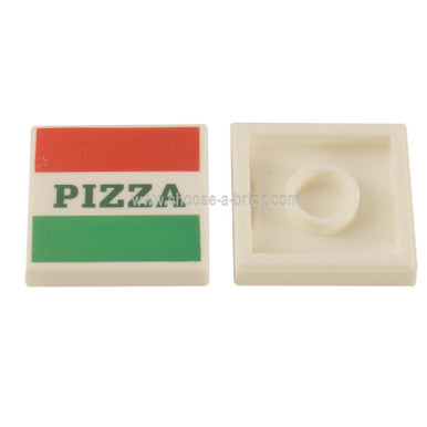 White Tile 2 x 2 with Groove with Red and Green Stripes and Dark Green 'PIZZA' Pattern Pizza Box