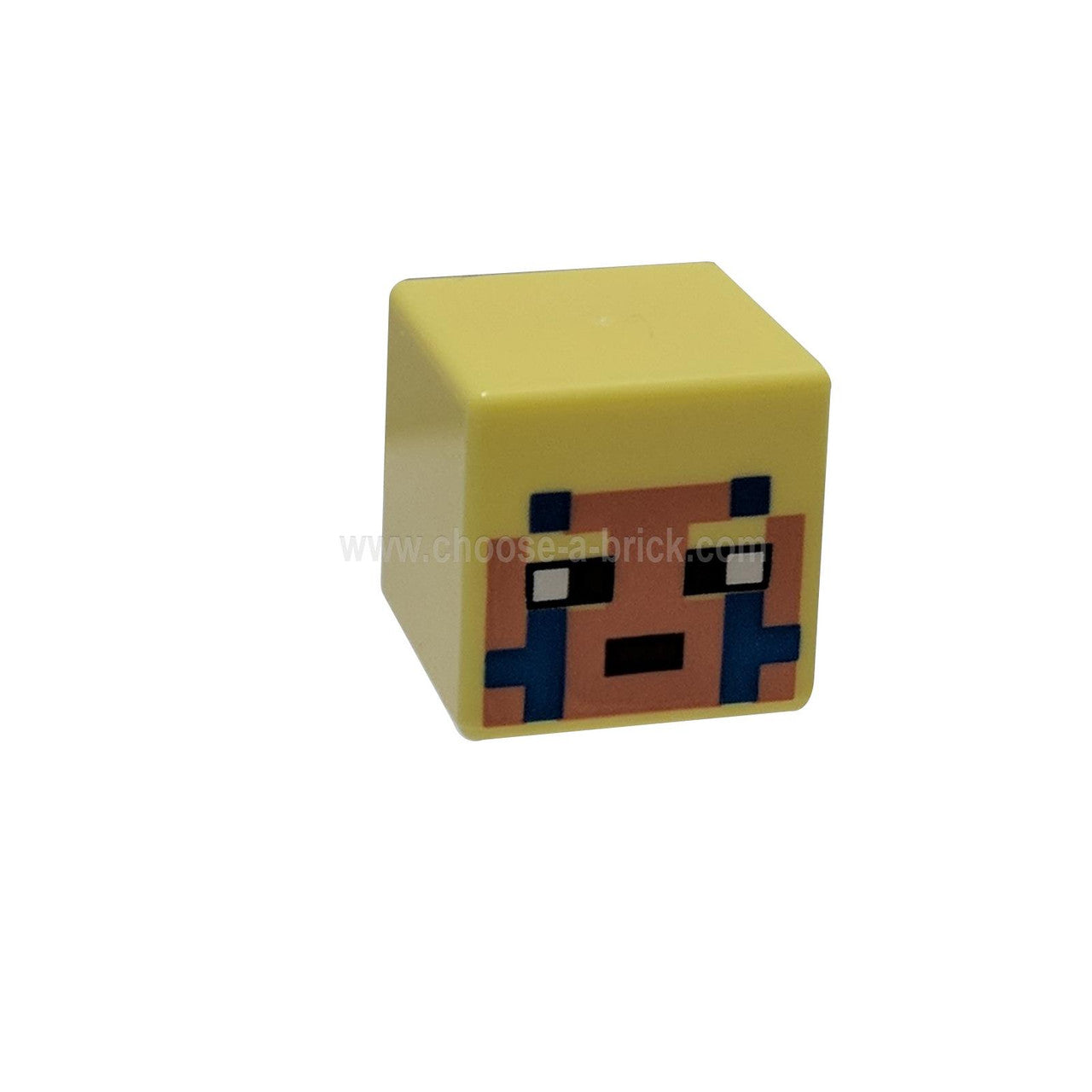 Bright Light Yellow Minifigure, Head, Modified Cube with Minecraft Pixelated Medium Nougat and Dark Azure Face, Reddish Brown Eyes and Mouth Pattern