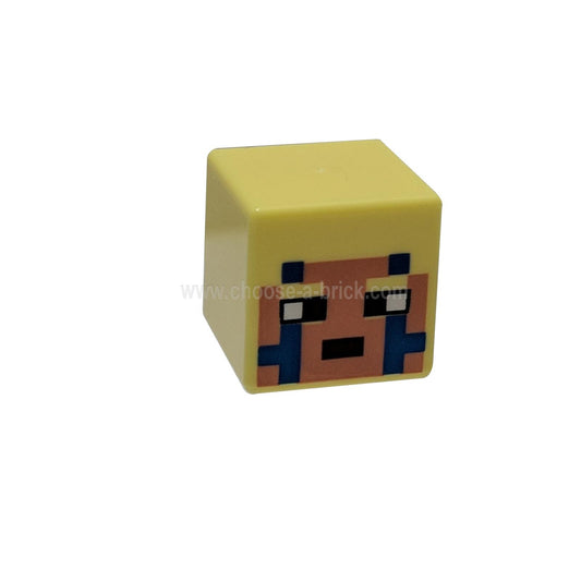 Bright Light Yellow Minifigure, Head, Modified Cube with Minecraft Pixelated Medium Nougat and Dark Azure Face, Reddish Brown Eyes and Mouth Pattern