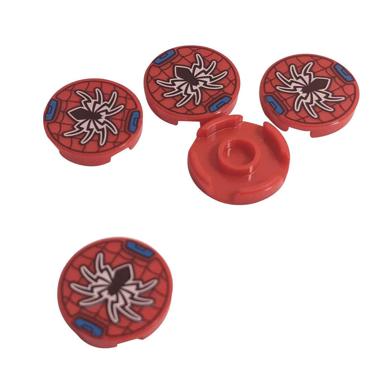 Red Tile, Round 2 x 2 with Bottom Stud Holder with Black Spider and Web Pattern